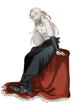 1boy alternate_costume apron black_apron black_pants bridal_gauntlets full_body hair_over_one_eye hair_ribbon highres holding holding_tray honkai:_star_rail honkai_(series) jing_yuan long_hair long_sleeves male_focus mississipping pants ponytail red_ribbon ribbon shoes simple_background sitting solo tray white_background white_hair yellow_eyes