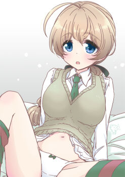 1girl ahoge black_ribbon blue_eyes bow bow_panties breasts brown_hair collared_shirt commentary_request dress_shirt green_bow green_necktie green_thighhighs grey_sweater_vest hair_ribbon large_breasts legs_apart long_hair low_ponytail lynette_bishop mizuki_maya navel necktie no_pants open_mouth panties ponytail red_thighhighs ribbon shirt solo strike_witches striped_clothes striped_thighhighs sweater_vest thighhighs two-tone_thighhighs underwear white_panties white_shirt world_witches_series