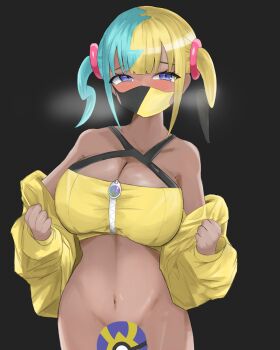 1girl aqua_hair black_background blonde_hair blue_eyes blush bottomless breasts breath canari_(pokemon) censored cleavage collarbone crop_top gyomuyo hair_ornament highres jacket large_breasts looking_at_viewer mask mouth_mask multicolored_hair navel nintendo novelty_censor off_shoulder poke_ball pokemon pokemon_legends:_z-a solo split-color_hair stomach two-tone_hair yellow_jacket