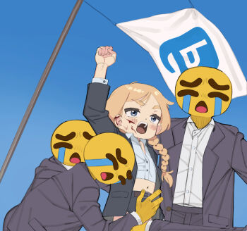 Rule 34 | 1girl, 2024 attempted assassination of donald trump, 3boys, baraag, black skirt, black suit, blood, blood on face, blue background, blue eyes, blue sky, braid, brown hair, buttons, clenched hand, collared shirt, crying, crying emoji, emoji, flag, formal clothes, highres, holding, holding flag, linnea (baraag), long hair, long sleeves, meme, multiple boys, navel, open mouth, shirt, simple background, skirt, sky, standing, suit, twin braids, uohhhhhhhhh! (meme), white shirt, yokappa (jokappa)