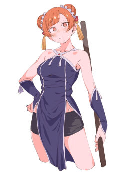 1girl black_shorts blue_dress blunt_bangs blush bo_staff breasts closed_mouth cowboy_shot criss-cross_straps cropped_legs double_bun dress eitopondo hair_bun hair_ornament hand_on_own_hip highres holding holding_weapon laufen_(sousou_no_frieren) looking_at_viewer medium_breasts orange_eyes orange_hair pelvic_curtain polearm short_hair shorts side_slit simple_background sleeveless sleeveless_dress solo sousou_no_frieren standing tassel tassel_hair_ornament weapon white_background