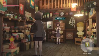 ! 2girls aqua_eyes bag black_hair clock commentary employee_uniform fake_screenshot gameplay_mechanics glasses hair_ribbon heads-up_display highres indoors lost_property_control_organization_(samidare) minimap multiple_girls onda_yukari_(samidare) protagonist_(lost_property_control_organization) purple_eyes revision ribbon samidare_(hoshi) school_bag school_uniform shelf shop store_clerk sun user_interface white_ribbon