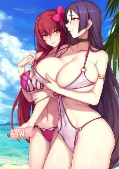 2girls arm_grab arm_hug armlet bare_arms bare_legs beach bikini bikini_pull black_neckwear blue_sky breast_hold breasts bright_pupils choker cleavage clothes_pull cloud cloudy_sky collarbone contrapposto couple covered_navel cowboy_shot day embarrassed evan_yang eye_contact fate/grand_order fate_(series) female_focus flower hair_between_eyes hair_flower hair_intakes hair_ornament halterneck hand_up head_tilt hibiscus highres hug huge_breasts jewelry large_breasts legs lips long_hair looking_at_another midriff minamoto_no_raikou_(fate) multiple_girls navel neck o-ring o-ring_swimsuit one-piece_swimsuit outdoors parted_bangs pink_bikini pink_flower pulling purple_eyes purple_hair red_eyes red_hair scathach_(fate) scathach_(fate/grand_order) scathach_(swimsuit_assassin)_(fate) sky smile standing strap_lift swimsuit type-moon very_long_hair white_one-piece_swimsuit white_pupils yuri