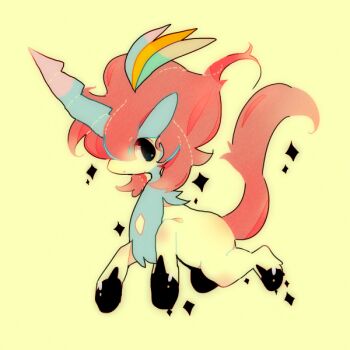 Rule 34 | commentary request, full body, gen 5 pokemon, horns, keldeo, keldeo (resolute), legendary pokemon, mm (miryii), mythical pokemon, nintendo, no humans, orange hair, pokemon, pokemon (creature), pokemon focus, simple background, single horn, smile, solo, sparkle, unicorn, yellow background