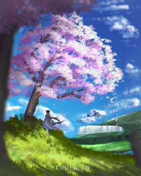 1girl absurdres blue_sky blurry blurry_foreground cherry_blossoms day drag-on_dragoon drag-on_dragoon_3 dragon field floating_hair flying grass highres k0himizu landscape long_hair mikhail_(drag-on_dragoon) on_ground outdoors sky tree white_hair zero_(drag-on_dragoon)