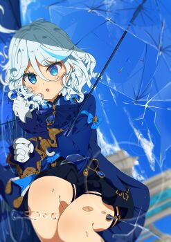1girl absurdres ahoge arm_bow armband black_shirt black_shorts black_thighlet blue_armband blue_eyes blue_gemstone blue_jacket blue_streaks blurry blurry_background blurry_foreground candy07 feet_out_of_frame furina_(genshin_impact) gem genshin_impact gloves gold_trim hair_between_eyes hair_down heterochromia highres holding holding_umbrella jacket leaning_to_the_side lens_flare light_blush long_sleeves medium_hair open_mouth outdoors rain reflection shirt short_shorts shorts solo standing transparent transparent_umbrella umbrella water_drop white_gloves white_hair