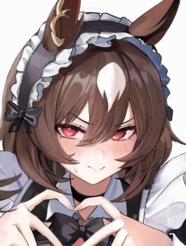 1girl :&gt; alternate_costume animal_ears black_bow black_bowtie black_choker blush bow bowtie brown_hair choker closed_mouth commentary cropped enmaided four-finger_heart_hands hair_between_eyes heart heart_hands horse_ears horse_girl inaba_(usanopo) looking_at_viewer maid maid_headdress multicolored_hair red_eyes simple_background sirius_symboli_(umamusume) solo streaked_hair sweatdrop symbol-only_commentary two-tone_hair umamusume white_background white_hair