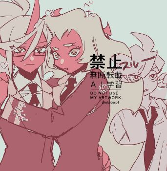 3girls blue_hair breasts colored_skin commentary_request demon_girl demon_horns green_hair gun hashtag-only_commentary highres horns kneesocks_(psg) large_breasts long_hair medium_breasts multiple_girls nizideco1 panty_&amp;_stocking_with_garterbelt panty_(psg) red_skin scanty_(psg) school_uniform weapon yuri