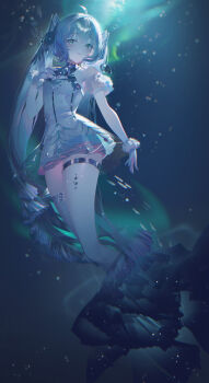 1girl absurdres ahoge aqua_eyes aqua_hair asymmetrical_legwear ballerina bare_shoulders breasts commentary dress gloves gramophone_miku gramophone_miku_(frostflower) hair_between_eyes hair_ornament hatsune_miku highres long_hair medium_breasts miku_symphony_(vocaloid) official_alternate_costume official_alternate_hairstyle outdoors parted_lips ramingbera short_sleeves solo strapless strapless_dress thigh_strap tutu twintails very_long_hair vocaloid white_gloves