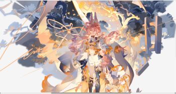 1girl absurdres animal_ear_fluff animal_ears feet_out_of_frame hair_between_eyes hair_ornament hand_up highres liulianjingrua long_hair long_sleeves looking_at_viewer original pink_hair solo thighhighs