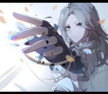 1girl ascot black_gloves blue_eyes chromatic_aberration clair_obscur:_expedition_33 commentary_request fingerless_gloves gloves grey_hair highres jubctybn long_hair long_sleeves maelle_(clair_obscur:_expedition_33) outstretched_arm shirt simple_background solo spoilers upper_body white_ascot white_background white_shirt