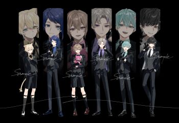 6+boys :/ :d adjusting_clothes adjusting_gloves ama._(utaite) animal_ears aqua_eyes aqua_hair aqua_shirt arm_behind_back belt belt_buckle black_background black_belt black_bow black_bowtie black_gloves black_hair black_jacket black_necktie black_pants black_ribbon black_shoes black_shorts black_socks black_suit blonde_hair blue_eyes blue_hair blue_shirt bow bowtie brown_shoes buckle cat_boy cat_ears cat_tail closed_mouth collared_shirt cross-laced_shoes crown_(symbol) curtained_hair dress_pants dress_shoes earrings egg_earrings expressionless facial_tattoo finger_to_mouth formal_clothes full_body gloves grey_eyes grey_hair grey_socks grey_vest hair_between_eyes hair_ornament hairclip half_gloves hand_in_pocket hand_on_own_neck heterochromia highres holding holding_stuffed_toy hugging_object jacket jewelry kaguya13_ils kanata_(utaite) komugiko_(utaite) lapel_pin lapels legwear_garter lineup long_sleeves looking_at_viewer male_focus masatoshi_(utaite) monk_shoes multicolored_hair multiple_boys neck_ribbon necktie notched_lapels official_art open_clothes open_jacket open_mouth oxfords pants parted_bangs parted_lips paw_print paw_tattoo pink_eyes pink_hair pink_shirt purple_eyes purple_hair purple_shirt rabbit_hair_ornament re:_(utaite) ribbon saddle_shoes sample_watermark seven&#039;s_proud shirt shoes short_hair shorts simple_background single_earring smile socks standing streaked_hair stuffed_animal stuffed_cat stuffed_toy stuffing sueyoshi_kaki suit suit_jacket swept_bangs tail tail_bow tail_ornament tattoo traditional_bowtie utaite vest watermark white_shirt white_shoes yellow_eyes yellow_shirt zoom_layer