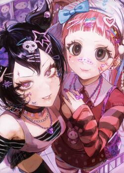 2girls aegyo_sal bag bags_under_eyes bead_necklace beads black_hair bow character_doll decora doll e-kid_fashion earrings fashion from_above gem hair_bow hair_ornament handbag heart heart_necklace highres jewelry kuromi long_hair looking_at_viewer multiple_girls my_melody necklace onegai_my_melody original own_hands_together pentacle pink_eyes pink_hair purple_eyes purple_gemstone ring sanrio seapall short_hair short_twintails skirt sticker sticker_on_face stuffed_toy thighhighs twintails zettai_ryouiki