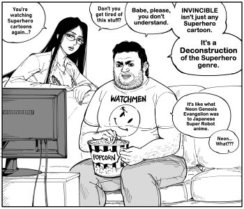 1boy 1girl absurdres bb_(baalbuddy) beard breasts cleavage commentary couch english_commentary english_text facial_hair fat fat_man food glasses greyscale highres jewelry mole mole_under_eye monochrome necklace on_couch original popcorn sitting speech_bubble television