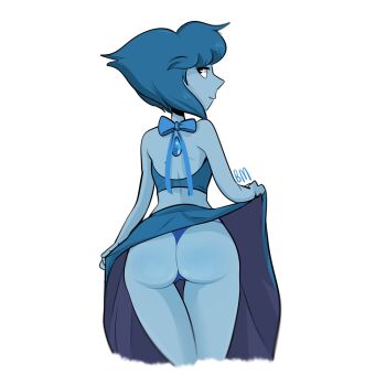 1girl ass ass_focus back bad_tag bare_legs bare_shoulders blue_dress blue_gemstone blue_hair blue_ribbon blue_skin blue_skirt blue_thong blushmallet clothes_lift colored_skin dress gem lapis_lazuli_(gemstone) lapis_lazuli_(steven_universe) looking_back midriff ribbon skirt skirt_lift smile steven_universe thigh_gap thighs thong