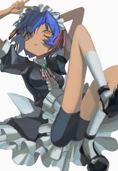 1girl amamoto_air arm_behind_head black_shoes black_shorts blue_hair brooch closed_mouth collared_dress commentary_request dress frilled_dress frills full_body hair_ribbon highres jewelry kneehighs knees_up looking_at_viewer low_block_heels maid maid_headdress neck_ribbon orange_eyes original red_ribbon ribbon sash shoes short_hair shorts shorts_under_dress simple_background single_sidelock socks solo under_skirt upskirt v waist_sash white_background white_sash white_socks