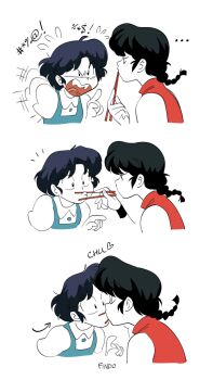 1boy 1girl absurdres angry artist_name blue_dress blue_hair braid chopsticks closed_eyes collared_shirt commentary dress findoworld flying_sweatdrops furrowed_brow hetero highres holding holding_chopsticks kiss long_hair open_mouth parted_bangs pinafore_dress pointing pointing_at_another profanity ranma_1/2 red_shirt saotome_ranma shirt shirt_under_dress short_hair short_sleeves sidelocks single_braid sleeveless sleeveless_dress sleeveless_shirt symbol-only_commentary tendou_akane upper_body white_shirt wide-eyed