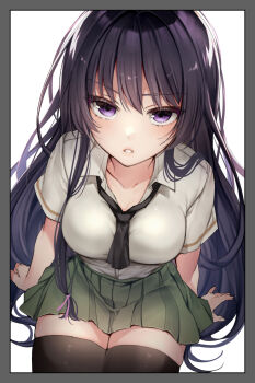 1girl black_hair black_necktie black_thighhighs boku_wa_tomodachi_ga_sukunai border breasts collarbone commentary_request green_skirt grey_border highres kanbesan160 long_hair looking_at_viewer medium_breasts mikazuki_yozora miniskirt necktie parted_lips pleated_skirt purple_eyes school_uniform shirt short_sleeves simple_background sitting skirt solo st._chronica_academy_school_uniform thighhighs very_long_hair white_background white_shirt zettai_ryouiki