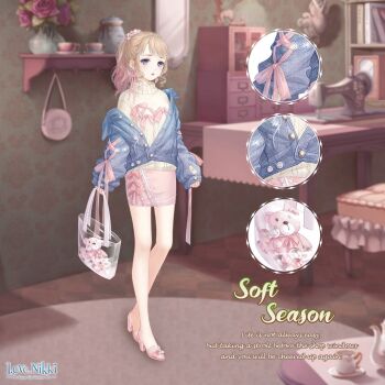 1girl artist_request bag bare_legs blue_eyes blue_jacket book bookshelf bow bow_skirt brown_hair carpet character_name copyright_name cross-laced_clothes cross-laced_sleeves cup denim denim_jacket dot_nose english_text expressionless fabric flower full_body gradient_hair hair_bobbles hair_ornament high_heels holding holding_bag indoors jacket jacket_partially_removed layered_sleeves light_blush lipstick logo long_hair long_sleeves looking_at_viewer makeup marble_(toy) miniskirt miracle_nikki mirror multicolored_hair nikki_(series) official_art parted_lips partially_unbuttoned pencil_skirt pink_bow pink_flower pink_hair pink_rose pink_shoes pink_skirt ponytail puffy_long_sleeves puffy_sleeves red_lips rose saucer see-through_bag sewing_machine shelf shoes skirt sleeve_bow sleeves_past_wrists soft_season_(miracle_nikki) solo standing stool stuffed_animal stuffed_toy sweater swept_bangs table teacup teapot teddy_bear tote_bag turtleneck turtleneck_sweater two-tone_hair vase white_bag yellow_sweater