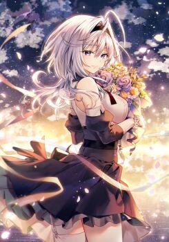 1girl ahoge bare_shoulders black_hairband black_skirt black_sleeves blue_eyes bouquet breasts cloud detached_sleeves falling_petals flower frilled_skirt frills grey_hair hair_intakes hairband high-waist_skirt holding holding_bouquet huge_ahoge large_breasts lilithea long_hair mata_korosarete_shimatta_nodesune_tantei-sama neck_ribbon night night_sky petals puffy_detached_sleeves puffy_sleeves purple_flower red_ribbon ribbon riichu shirt single_thighhigh skirt sky sleeveless sleeveless_shirt solo thighhighs twitter_username white_flower white_ribbon white_shirt white_thighhighs yellow_flower