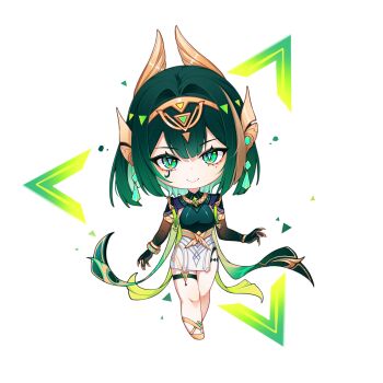 1girl black_gloves bright_pupils chibi elbow_gloves ellox facial_tattoo genshin_impact gloves green_eyes green_hair highres jewelry looking_at_viewer nefer_(genshin_impact) short_hair smile solo symbol-shaped_pupils tattoo triangle triangle-shaped_pupils white_background white_pupils