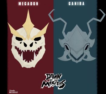 13am_games antennae artist_name dawn_of_the_monsters english_text ganira green_background horns kaiju looking_at_viewer mandibles megadon monster no_humans red_background shade_meadows sharp_teeth skull teeth two-tone_background wayforward