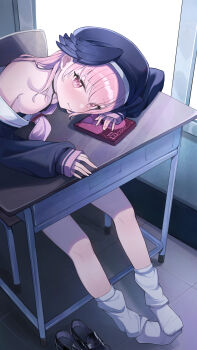 1girl 3: \||/ absurdres bare_shoulders beret black_choker black_hat black_shirt black_wings blue_archive blush book breasts chinese_commentary choker classroom closed_mouth commentary content_rating dutch_angle eyelashes feathered_wings feet hair_between_eyes hair_down hat head_wings highres indoors koharu_(blue_archive) leaning_forward loafers long_hair looking_at_viewer loose_socks neckerchief no_bra no_shoes nose_blush pink_eyes pink_hair pink_neckerchief sailor_collar school_uniform serafuku shengwr shirt shoes shy sitting sleeves_past_wrists small_breasts socks solo tsurime unworn_shoes white_sailor_collar white_socks wings