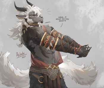 1boy abs acheki afk_(series) afk_journey animal_ears artist_name bara braid claws commentary dated earrings english_commentary english_text extra_tails facial_hair furry furry_male goat_ears goat_horns goatee highres horn_piercing horns jewelry looking_at_viewer male_focus multiple_scars muscular muscular_male navel nazrik_(afk) pectorals scar scar_on_face stretching white_hair