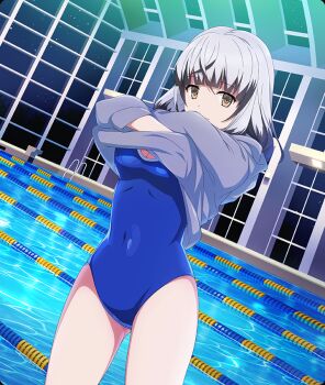 1girl black_hair black_sky blue_one-piece_swimsuit breasts brown_eyes cleavage colored_tips covered_navel cowboy_shot dot_nose dutch_angle game_cg grey_hair indoors lane_line looking_at_viewer medium_breasts multicolored_hair night official_art one-piece_swimsuit pool pool_ladder poolside satsuki_yomi school_uniform short_hair sky skylight solo star_(sky) starry_sky swimsuit third-party_source toji_no_miko toji_no_miko:_kizamishi_issen_no_tomoshibi undressing window