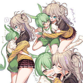 1boy 1girl age_difference between_breasts black_shirt blue_eyes blue_nails blush breasts brown_skirt cardigan collared_shirt commentary_request face_between_breasts fingernails genderswap genderswap_(ftm) green_hair green_shorts grey_hair head_between_breasts hetero highres hug jewelry kasukabe_tsumugi kiss kissing_cheek long_hair long_sleeves looking_at_another low_ponytail magatama magatama_necklace medium_breasts messy_hair miniskirt mutsutake necklace onee-shota open_mouth paid_reward_available pea_pod plaid_clothes plaid_skirt ponytail shirt shorts simple_background skirt smile voiceroid voicevox white_background white_shirt yellow_cardigan yellow_eyes zundamon