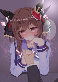 1boy 1girl animal_ears arm_wrestling black_jacket blush bow bowtie braid braided_hair_rings breasts brown_hair commentary_request ear_covers ear_ornament ear_wiggle elbow_on_table elbows_on_table gentildonna_(umamusume) hair_between_eyes hair_ornament hair_rings hand_on_table heart-shaped_ornament heart_ear_ornament highres horse_ears horse_girl jacket long_hair long_sleeves looking_at_viewer lpikamasi parted_lips purple_sailor_collar purple_shirt red_eyes sailor_collar sailor_shirt school_uniform shirt smile speech_bubble table tracen_school_uniform translation_request umamusume variant_set white_bow white_bowtie white_shirt