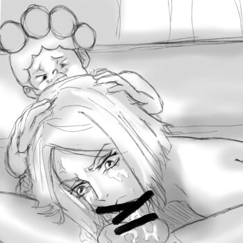 1boy 1girl boku_no_hero_academia close-up crossover crying crying_with_eyes_open cum datteboobie deepthroat fellatio hetero holding jujutsu_kaisen kugisaki_nobara mineta_minoru monochrome oral size_difference tears