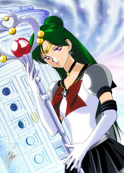 1girl back_bow bishoujo_senshi_sailor_moon bishoujo_senshi_sailor_moon_stars black_choker black_sailor_collar black_skirt bow brooch choker circlet dutch_angle earrings elbow_gloves garnet_rod gloves green_hair grey_bow hair_bun jewelry long_hair looking_at_viewer magical_girl marco_albiero meiou_setsuna parted_lips pleated_skirt puffy_sleeves red_bow red_eyes sailor_collar sailor_pluto sailor_senshi_uniform shiny_skin signature single_hair_bun skirt smile solo star_(symbol) star_brooch star_choker star_earrings super_sailor_pluto_(stars) upper_body white_gloves