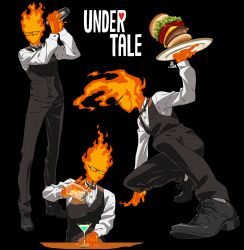 1boy absurdres arm_support bartender black-framed_eyewear black_bow black_bowtie black_footwear black_pants black_vest bow bowtie burger burning buttons cel_shading cocktail_glass cocktail_shaker collared_shirt commentary copyright_name cup drinking_glass fire food formal_clothes full_body glasses grillby highres holding holding_plate holding_shaker kamezaemon long_sleeves male_focus multiple_views no_mouth no_nose pants plate shirt shoes squatting undertale uniform upper_body utdr_(toby_fox) vest white_shirt