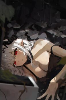 1girl absurdres arknights black_choker black_horns black_tank_top breasts choker cleavage commentary dot_nose ear_piercing hair_between_eyes highres horns large_breasts long_hair looking_at_viewer lying material_growth mudrock_(arknights) on_side oripathy_lesion_(arknights) parted_lips piercing pointy_ears red_eyes shikyou_yoru sleeveless solo tank_top upper_body white_hair