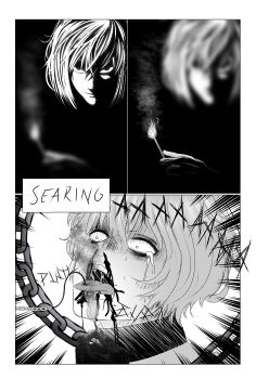 2021 2boys absurdres bdsm blood bound burning comic death_note evil_smile fire highres mello_(death_note) monochrome multiple_boys rape smile tongue torture uncensored yaoi