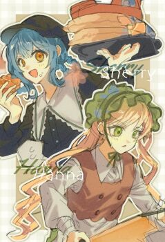 Rule 34 | 2girls, :d, black hat, black shirt, blonde hair, blue hair, braid, braided hair rings, brown vest, character name, collared shirt, food, food on face, green bonnet, green eyes, hair rings, hashtag-only commentary, hat, highres, holding, holding food, long hair, long sleeves, looking at viewer, mahou shoujo no majo saiban, multiple girls, official alternate costume, open mouth, shirt, short hair, smile, sweatdrop, tachibana sherry, tono hanna, tray, treasure cafe, triangle mouth, upper body, vest, white shirt, yattsu (gt2w r9k1), yellow eyes