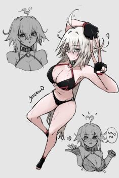 1girl ahoge bikini black_bikini black_gloves blush breasts cleavage commentary english_commentary english_text fate/grand_order fate_(series) fingerless_gloves gloves hair_between_eyes heart heart-shaped_pupils heart_ahoge highres jeanne_d&#039;arc_alter_(fate) jeanne_d&#039;arc_alter_(swimsuit_berserker)_(fate) jeffraeson large_breasts long_hair looking_at_viewer navel partially_colored pout signature simple_background stomach sweat swimsuit symbol-shaped_pupils v