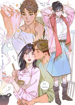 1boy 1girl arms_around_waist belt black_boots black_hair blue_skirt blush boots breasts brown_hair cardigan collared_shirt commentary cooking couple cropped_torso english_commentary eren_yeager facial_scar full_body green_eyes grey_eyes grey_shirt hands_in_own_hair hetero highres holding holding_hands holding_ladle hug hug_from_behind jewelry kiss kissing_cheek lacampanule ladle light_blush long_skirt medium_breasts medium_hair mikasa_ackerman multiple_views parted_bangs pink_cardigan pink_shirt red_scarf ring scar scar_on_cheek scar_on_face scarf shingeki_no_kyojin shirt short_hair skirt sleeves_rolled_up socks surprised updo white_shirt white_socks