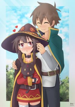 1boy 1girl absurdres bandaged_leg bandages belt belt_buckle black_gloves blush brown_belt brown_hair brown_hat buckle cape chomusuke closed_eyes commentary dress english_commentary fingerless_gloves gloves green_cape hat height_difference highres kaschmatz kono_subarashii_sekai_ni_shukufuku_wo! large_hat megumin open_mouth outdoors red_dress red_eyes satou_kazuma shirt short_hair_with_long_locks single_thighhigh smile thighhighs white_shirt witch_hat