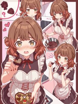 Rule 34 | 1girl, :d, ?, ahoge, apron, black dress, blunt bangs, blush, bow, box, box of chocolates, brown eyes, brown hair, candy, chocolate, chocolate heart, clenched hands, closed mouth, commentary request, cookie, cowboy shot, dress, embarrassed, food, frilled apron, frills, furrowed brow, gakuen idolmaster, hair bun, hair intakes, hanami ume, hands up, happy, happy mille-feuille (idolmaster), heart, heart-shaped food, heart print, highres, hiyoko neneko, holding, holding box, holding chocolate, holding food, idolmaster, incoming food, indoors, kitchen, looking to the side, medium hair, multiple views, nail polish, neck ribbon, nose blush, notice lines, open mouth, outside border, pink background, puffy short sleeves, puffy sleeves, red bow, red nails, red ribbon, ribbon, short sleeves, simple background, single side bun, smile, speech bubble, thinking, thought bubble, valentine, white apron, white dress