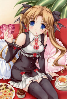 Rule 34 | 1girl, elbow gloves, female focus, food, gloves, highres, lamune, nakazato hikari, pocky, solo, thighhighs, twintails, zettai ryouiki