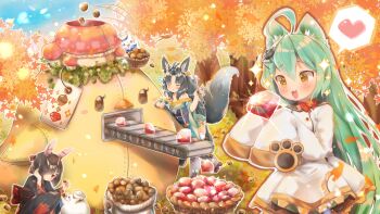 3girls :3 acorn ahoge akashi_(azur_lane) animal_ears autumn_leaves azur_lane baby_animal bell bird black_hair cat cat_ears chick choker diamond_(gemstone) fox_ears fox_tail green_hair hair_ornament hair_over_one_eye hairpin half_updo hat headgear heart heart-shaped_pupils highres japanese_clothes kimono kuma_(pompon_tail) leaf long_hair long_sleeves machine manjuu_(azur_lane) maple_leaf meowfficer_(azur_lane) multiple_girls neck_bell obi off_shoulder peaked_cap red_eyes ribbon_choker sash shiranui_(azur_lane) short_hair sleeves_past_wrists spoken_heart squatting symbol-shaped_pupils tail tree wide_sleeves yellow_eyes yuubari_(azur_lane)