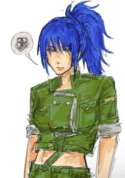 1girl blue_hair female_focus green_eyes jacket leona_heidern long_hair looking_at_viewer military ponytail rindomi3 the_king_of_fighters