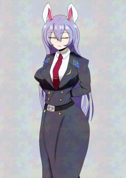 1girl alternate_costume animal_ears arms_behind_back bags_under_eyes belt boots breasts closed_eyes closed_mouth coat combat_boots crescent frown hat jacket long_hair military_hat military_jacket military_uniform necktie overcoat purple_hair rabbit_ears rabbit_symbol red_necktie reisen_udongein_inaba shirt simple_background solo touhou ushanka very_long_hair zoruzorarara