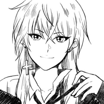 Rule 34 | 1girl, character request, closed mouth, collarbone peek, commentary, copyright request, cross, cross earrings, earrings, english commentary, enjelicious, greyscale, hand up, jewelry, monochrome, portrait, single earring, solo, tagme