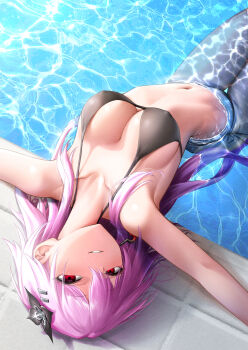1girl alternate_costume arched_back bikini black_bikini blush breasts collarbone commentary_request covered_erect_nipples evernight_(honkai:_star_rail) flower hair_flower hair_ornament highres honkai:_star_rail honkai_(series) large_breasts long_hair looking_at_viewer march_7th_(honkai:_star_rail) navel outstretched_arms parted_lips partially_submerged pink_hair poolside red_eyes royboy side-tie_bikini_bottom solo stomach swimsuit thigh_gap water