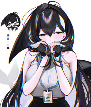 1girl ahoge artist_name bare_shoulders black_gloves black_hair black_skirt breasts cetacean_tail closed_mouth commentary fins fish_tail gloves half-closed_eyes hands_up haze_(7h4ze) highres id_card lanyard large_breasts light_blush long_hair looking_at_viewer multicolored_hair orca_(haze_(7h4ze)) orca_girl original reference_inset shirt simple_background skirt sleeveless sleeveless_shirt solo symbol-only_commentary tail two-tone_hair upper_body white_background white_eyes white_hair white_shirt