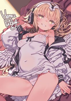 1girl artist_name blonde_hair breasts cameltoe commentary_request covered_navel dress fate/grand_order fate_(series) feathered_wings grin headphones highres jacket jeanne_d'arc_(fate) long_hair long_sleeves looking_at_viewer metatron_jeanne_(fate) open_clothes open_jacket panties parted_lips puddinghomhom puffy_long_sleeves puffy_sleeves small_breasts smile solo strap_slip sundress underwear white_dress white_jacket white_panties white_wings wings yellow_eyes