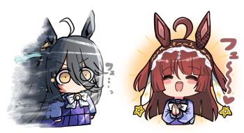 2girls ahoge animal_ears black_hair blunt_bangs blush brown_hair closed_eyes commentary_request glowing hair_between_eyes hair_ornament hairband highres kawamochi_(kawauti919) long_hair manhattan_cafe_(umamusume) multiple_girls open_mouth red_desire_(umamusume) school_uniform tracen_school_uniform umamusume white_background yellow_eyes